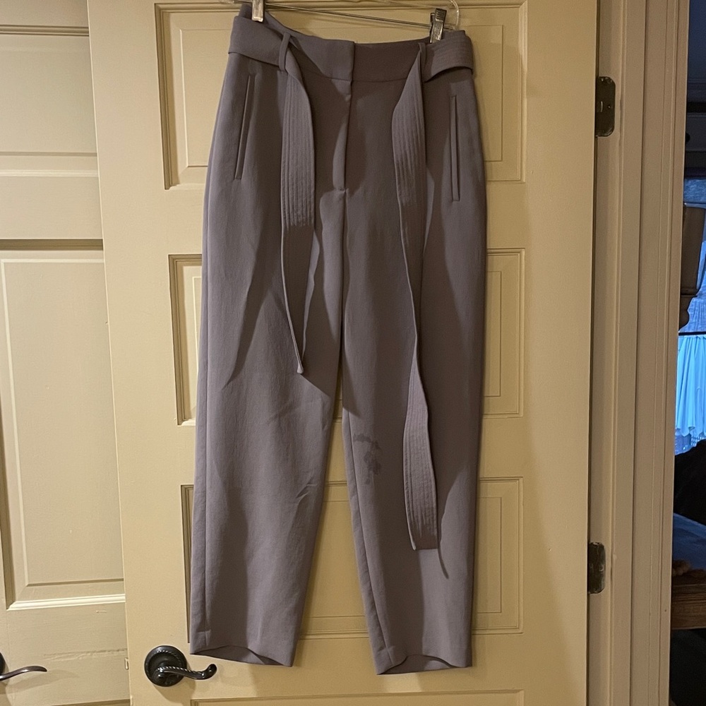 Aritzia Wilfred Stylish Gray High-Waisted Trousers with tie belt .